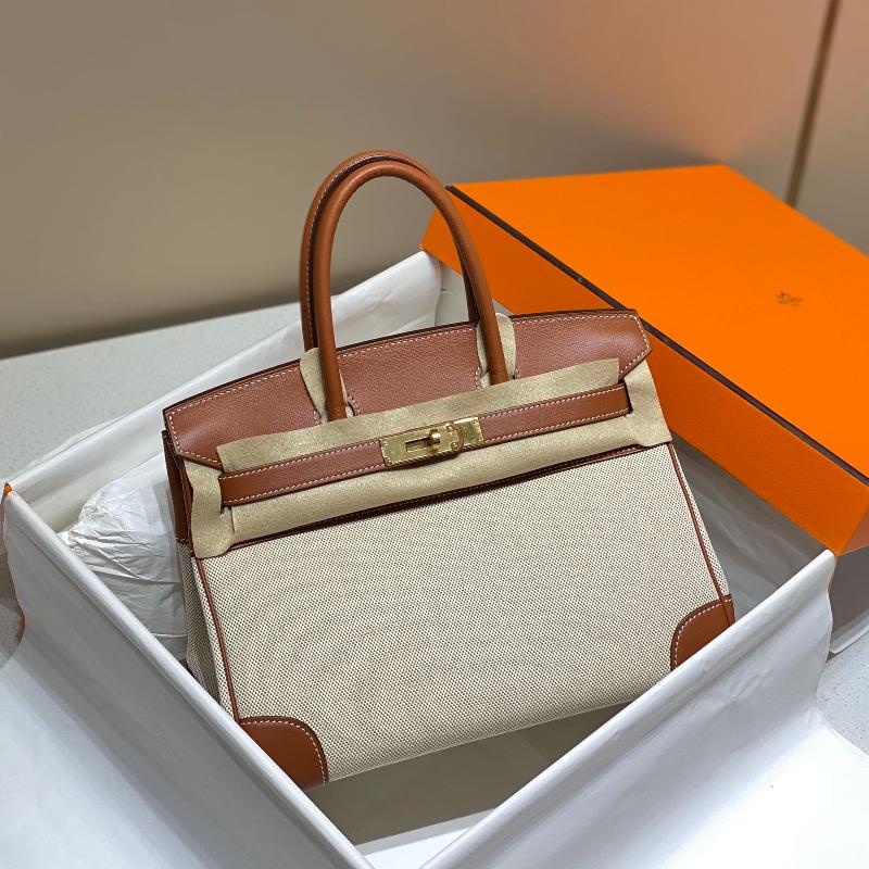 Hermes Birkin30 fabric with leather gold brown gold buckle